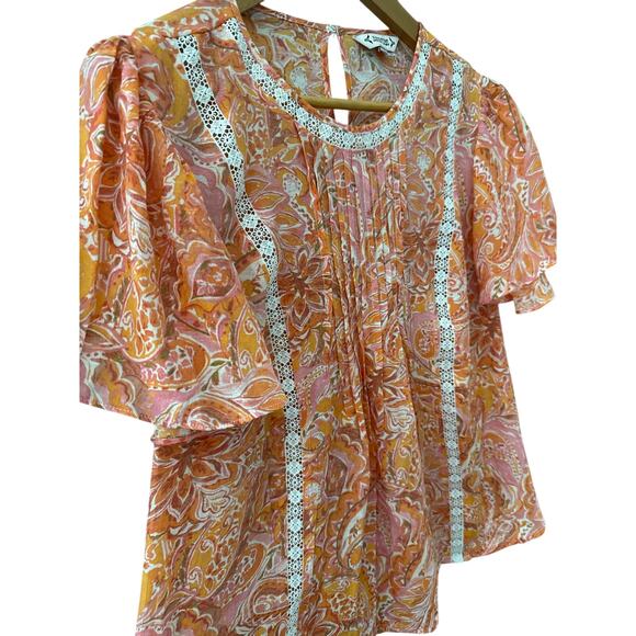 Nanette Lepore Floral Paisley Crochet Lace Flutter Sleeve Top Orange Size Medium - Picture 9 of 10